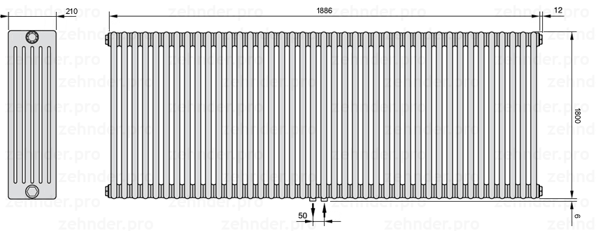 Схема (чертеж) Радиатор Zehnder Charleston 6180/41 №5410 Белый глянцевый RAL 9016